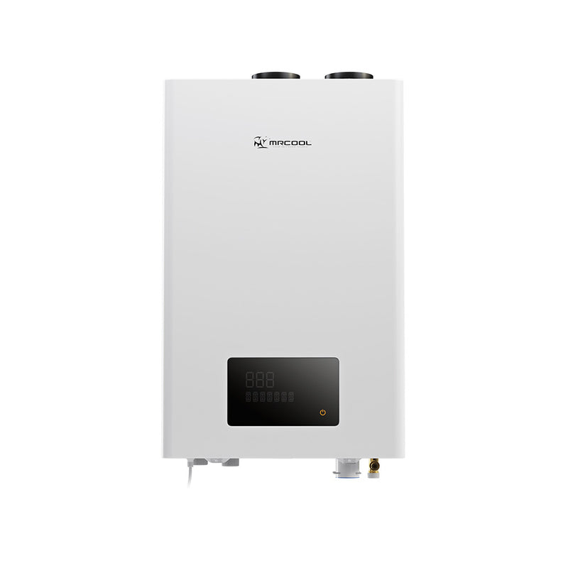 MRCOOL tankless water heater, front view of the white cabinet with dark display panel and the vent collars on top