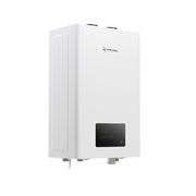 MRCOOL tankless water heater from the front right, showing the slim cabinet depth and the display panel