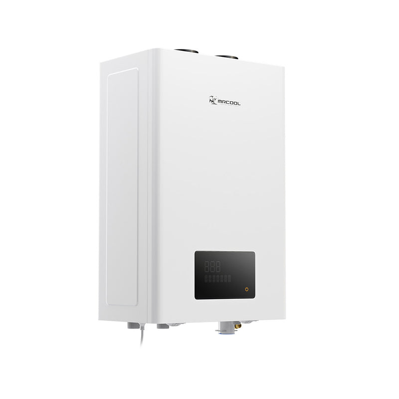 MRCOOL tankless water heater from the front right, showing the slim cabinet depth and the display panel