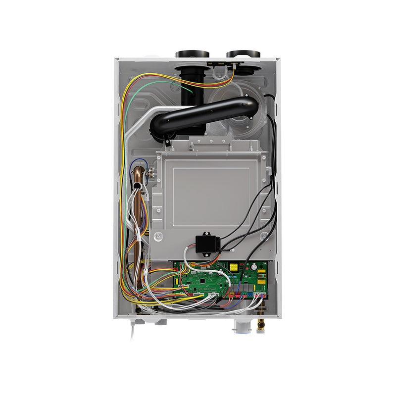 Tankless water heater with the front cover removed, showing the heat exchanger, exhaust duct and control board
