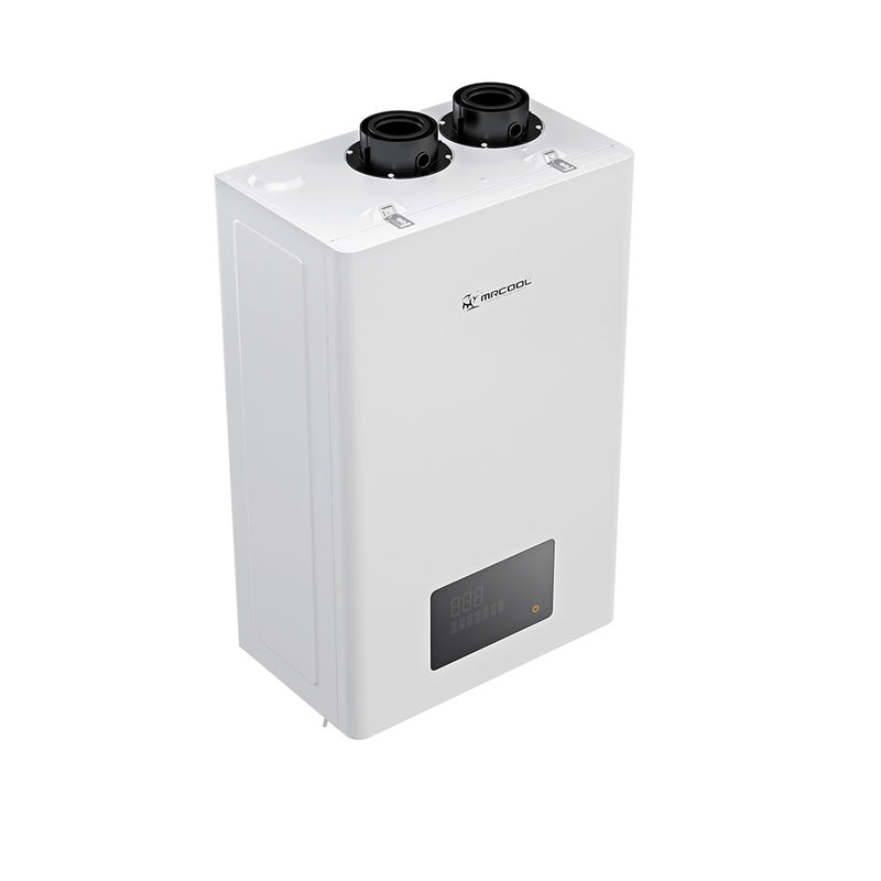 Tankless water heater seen from above at an angle, with the two vent connections on the top of the cabinet
