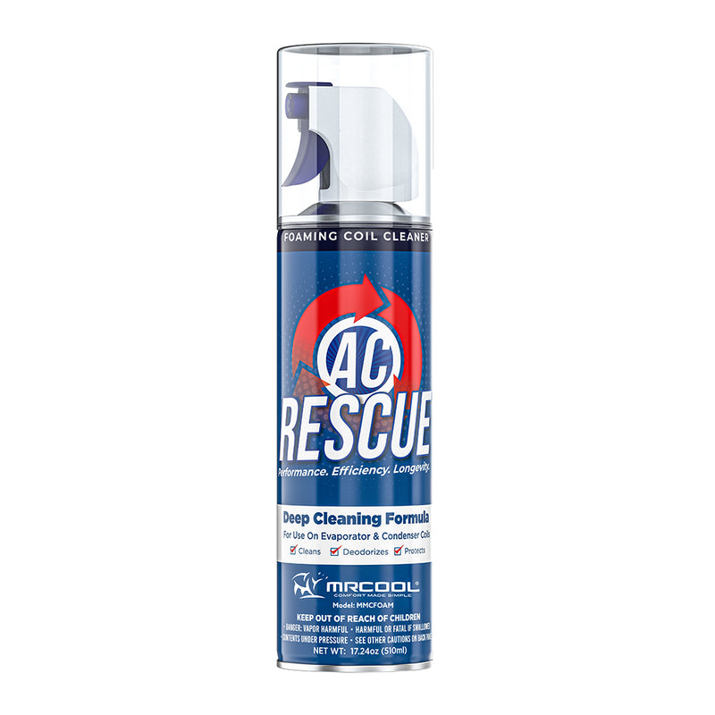 MRCOOL AC Rescue foaming coil cleaner can with clear cap and red and blue label