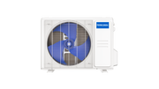 MRCOOL Advantage 5th Gen 9,000 and 12,000 BTU condenser, straight front view with fan guard and side service panel
