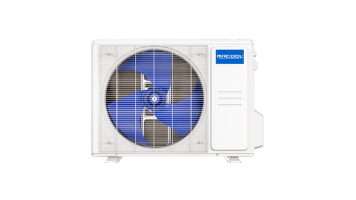 MRCOOL Advantage 5th Gen 9,000 and 12,000 BTU condenser, straight front view with fan guard and side service panel