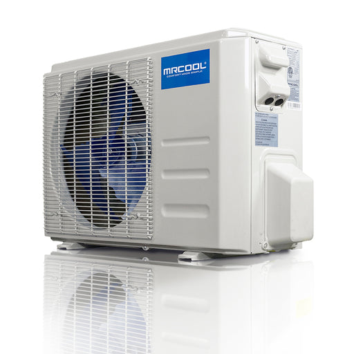 MRCOOL Advantage 5th Gen outdoor condenser, three-quarter view showing the blue fan blade, MRCOOL badge and service valve cover