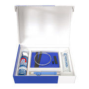 MRCOOL Care Kit box open, showing the AC Rescue can, blue collection bag, drain tube, sprayer and bottle in their tray