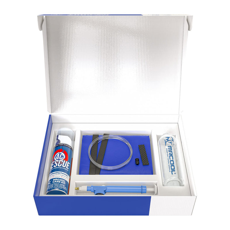 MRCOOL Care Kit box open, showing the AC Rescue can, blue collection bag, drain tube, sprayer and bottle in their tray
