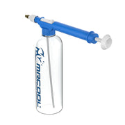 Care Kit pull-rod sprayer threaded onto the clear MRCOOL water bottle, angled view