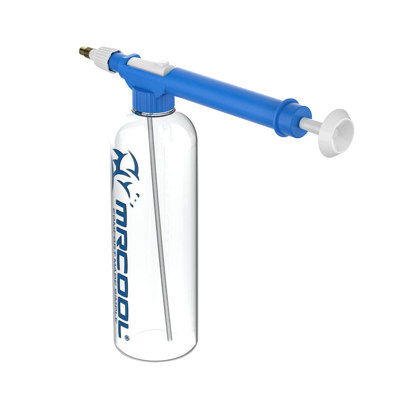 Care Kit pull-rod sprayer threaded onto the clear MRCOOL water bottle, angled view