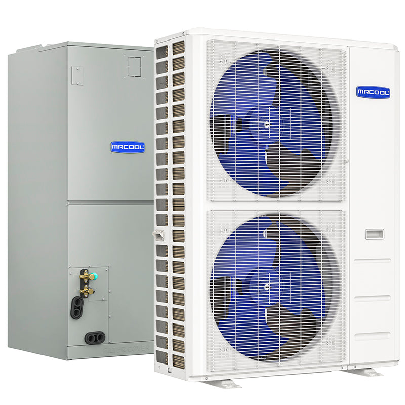 MRCOOL Central Ducted Hyper Heat 2nd Gen system: twin-fan condenser beside its gray multi-position air handler
