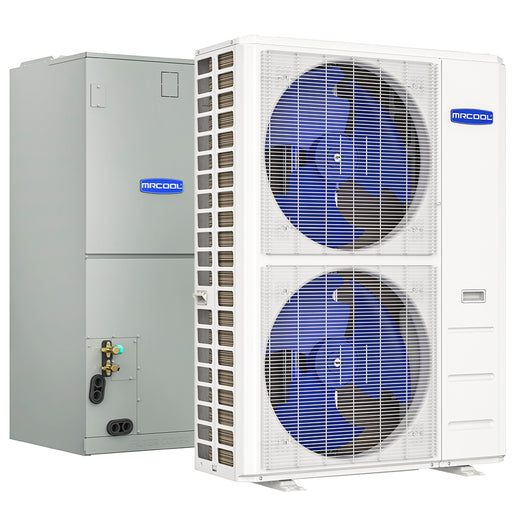 MRCOOL Central Ducted Hyper Heat 2nd Gen system: twin-fan condenser beside its gray multi-position air handler