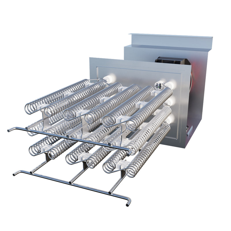MRCOOL Central Ducted heat kit from the element end, showing stacked coil banks and the mounting housing