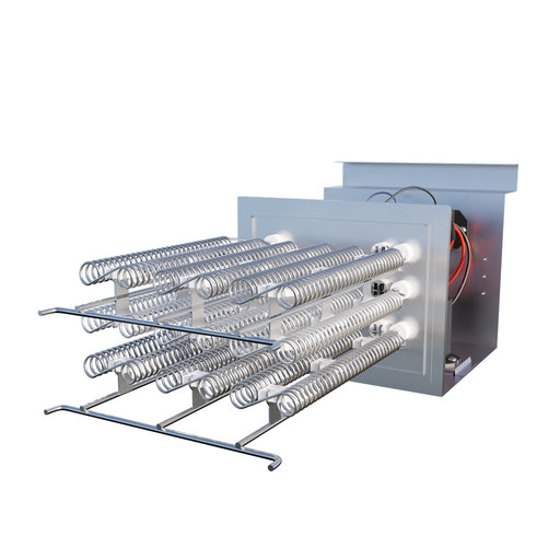 MRCOOL Central Ducted heat kit with rows of coiled elements on rods in front of the steel control housing
