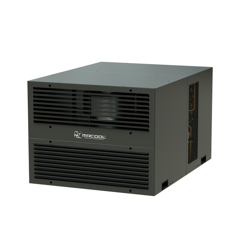 MRCOOL Compact Refrigeration System, three-quarter view of the dark gray cabinet's inside face with supply and return grilles