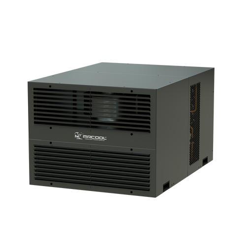 MRCOOL Compact Refrigeration System, three-quarter view of the dark gray cabinet's inside face with supply and return grilles