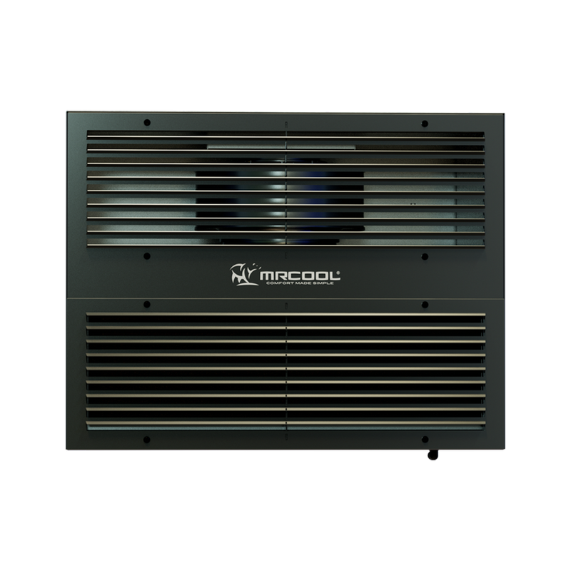 Inside face of the Compact Refrigeration System straight on, upper and lower louvered grilles with MRCOOL logo