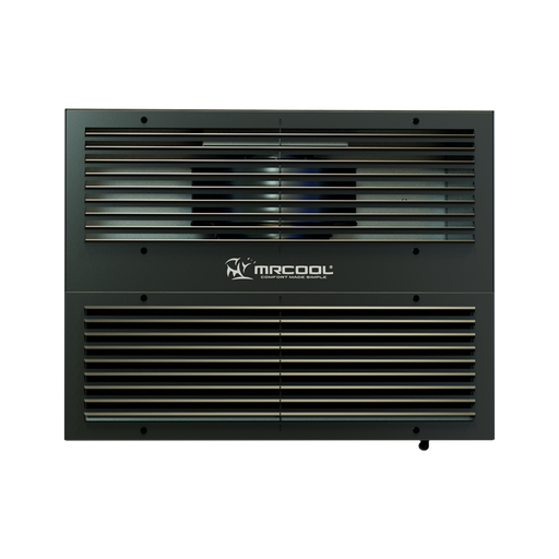 Inside face of the Compact Refrigeration System straight on, upper and lower louvered grilles with MRCOOL logo