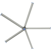 MRCOOL CoolBlade 16' HVLS fan seen from directly below, five long gray blades with blue winglet tips around a central hub