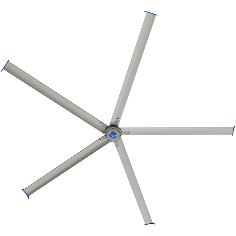 MRCOOL CoolBlade 16' HVLS fan seen from directly below, five long gray blades with blue winglet tips around a central hub