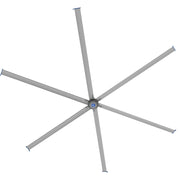 MRCOOL CoolBlade 24' HVLS fan seen from below, six slim blades radiating from the hub