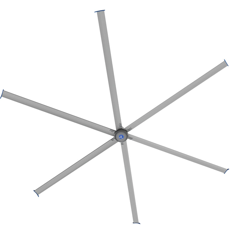MRCOOL CoolBlade 24' HVLS fan seen from below, six slim blades radiating from the hub