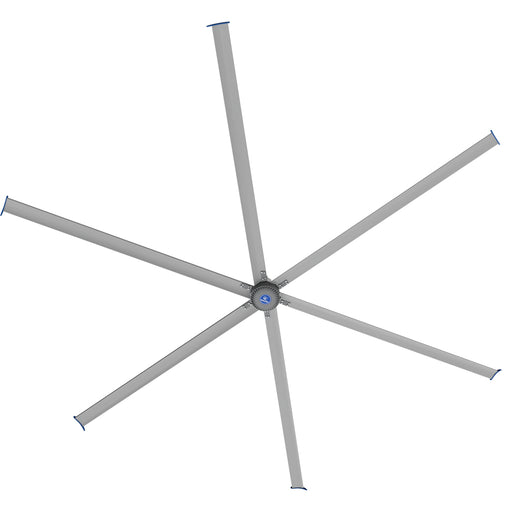 MRCOOL CoolBlade 24' HVLS fan seen from below, six slim blades radiating from the hub