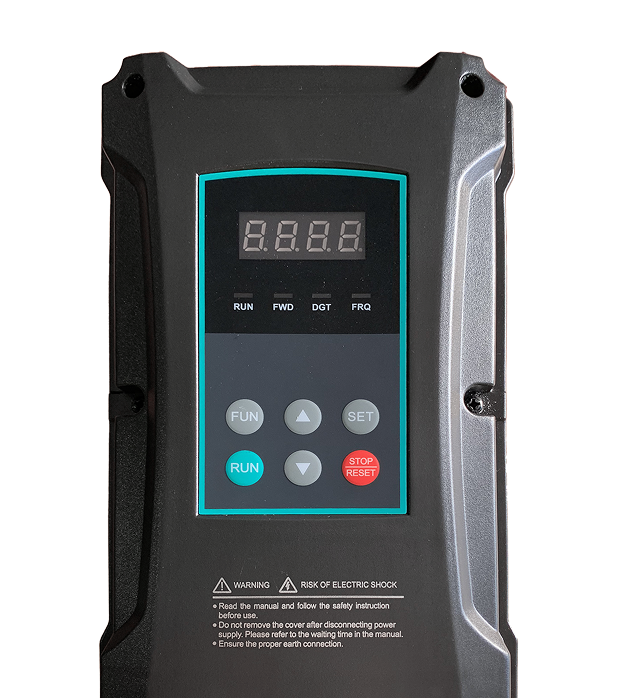 CoolBlade control box with four-digit display, run, set and arrow buttons and a red stop button