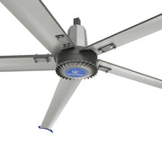 CoolBlade 16' fan from below at an angle, showing the finned motor housing with MRCOOL badge, bolted blade roots and the mounting post