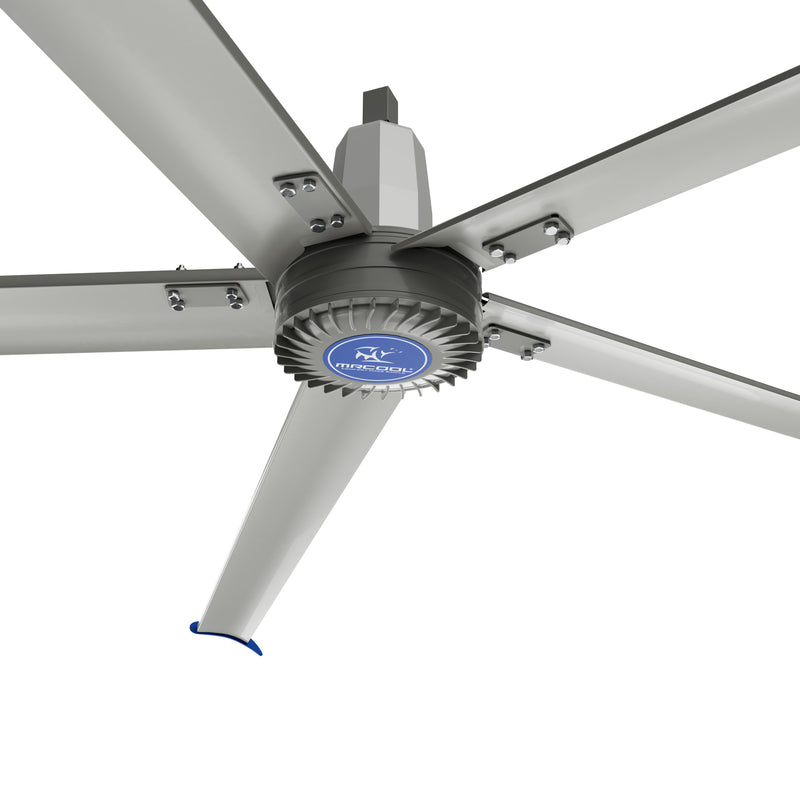 CoolBlade 16' fan from below at an angle, showing the finned motor housing with MRCOOL badge, bolted blade roots and the mounting post