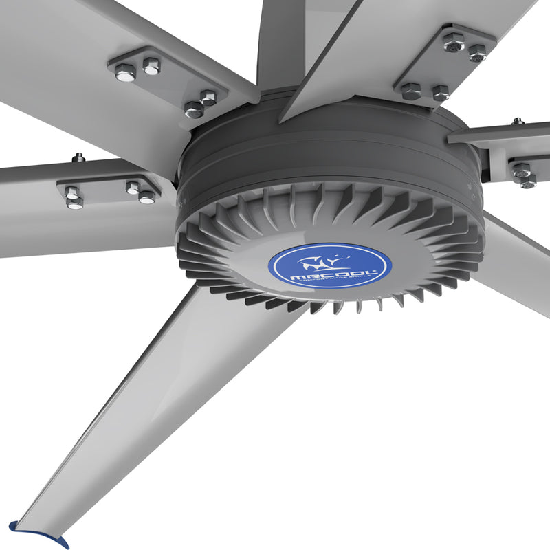 CoolBlade 24' fan hub from below, finned motor housing with MRCOOL badge and bolted blade roots
