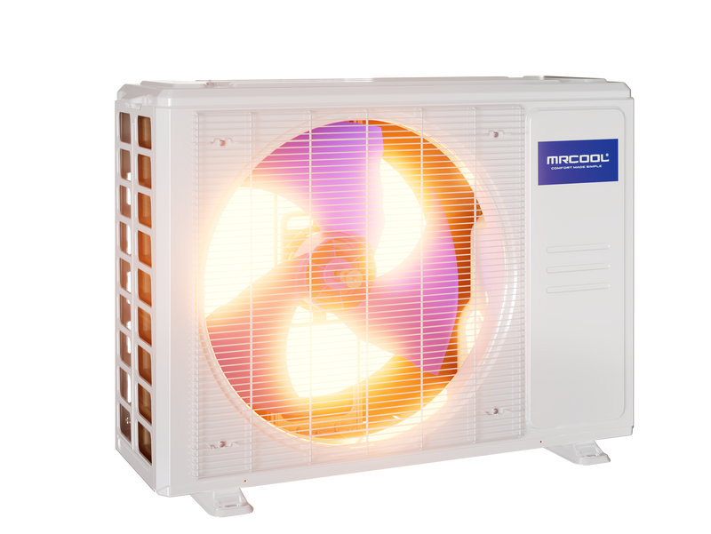 MRCOOL DIY 5th Gen Hyper Heat condenser, three-quarter view with the fan lit to suggest heating