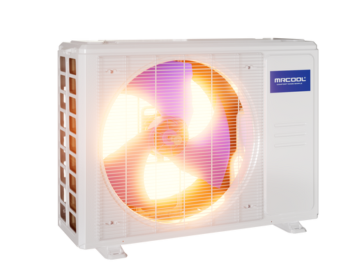 MRCOOL DIY 5th Gen Hyper Heat condenser, three-quarter view with the fan lit to suggest heating