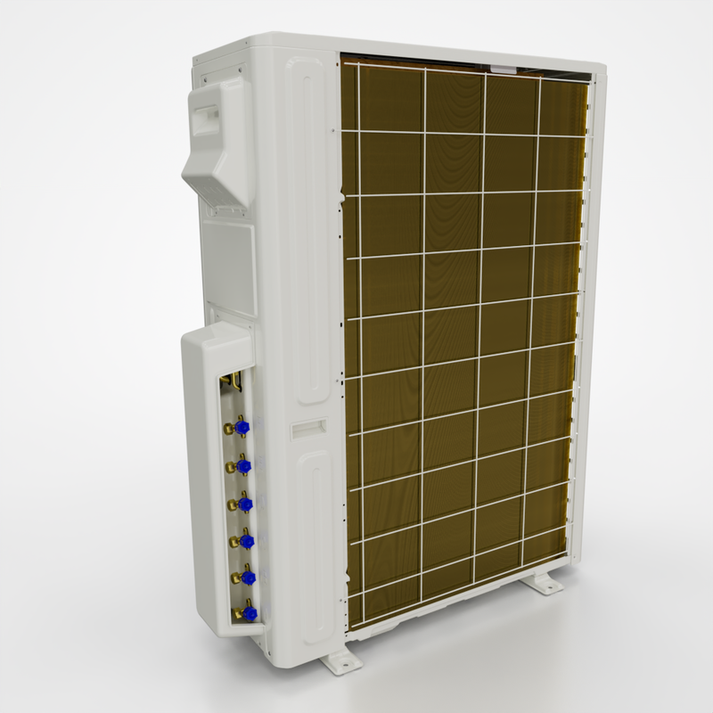 MRCOOL DIY 5th Gen 6-zone condenser, rear view showing the coil and the six refrigerant line connections