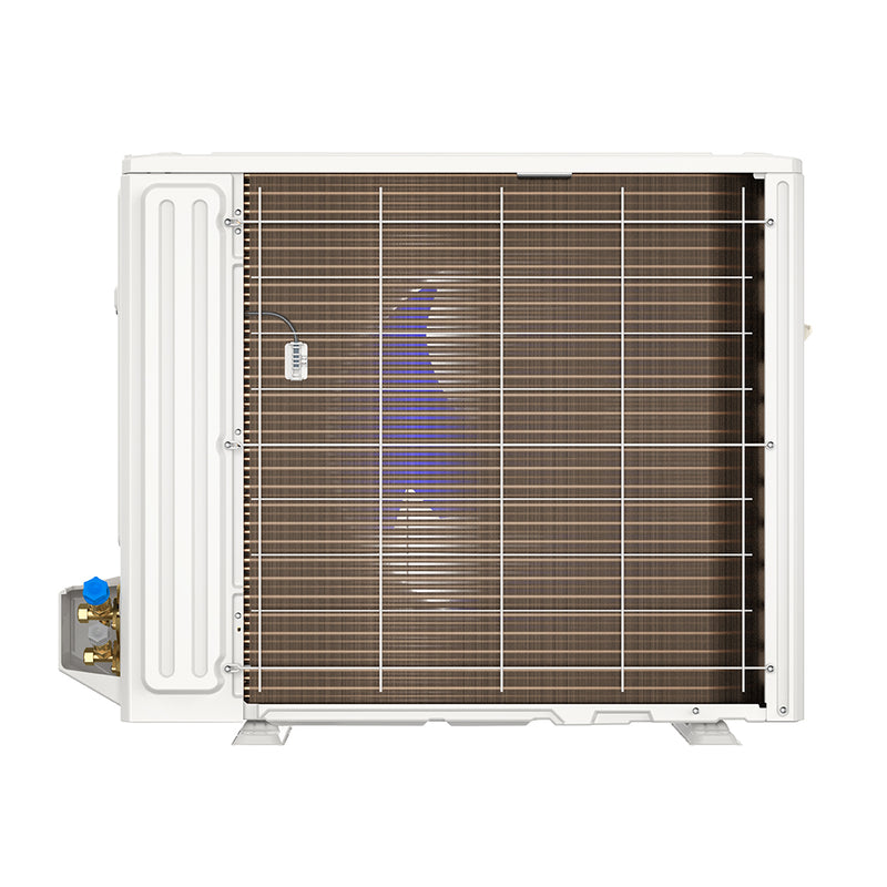 Rear of the 24,000 and 36,000 BTU DIY 5th Gen condenser with the coil and the service valve corner