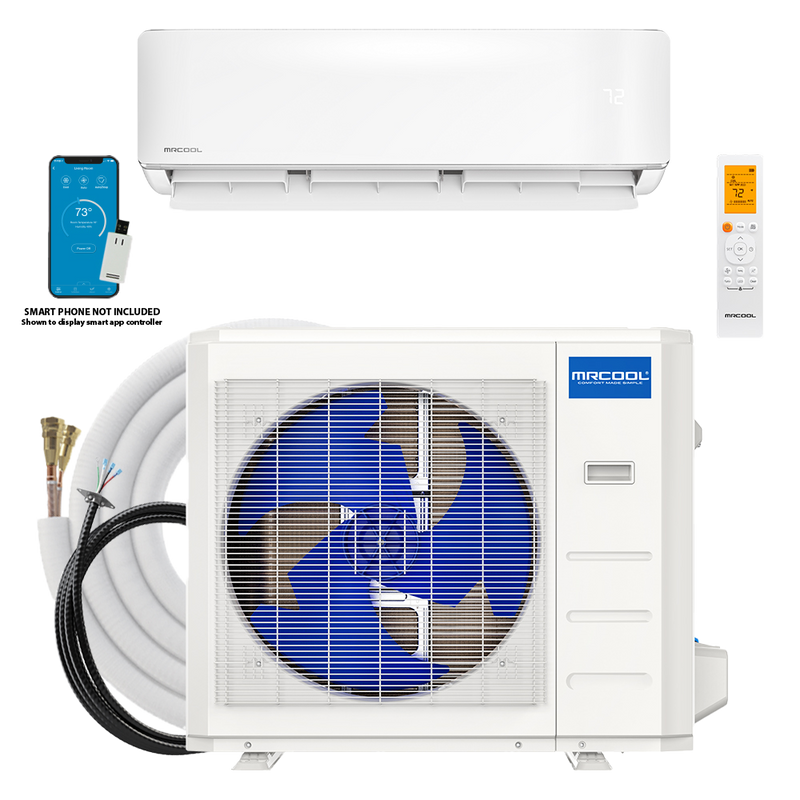 MRCOOL DIY 5th Gen system with the 24,000 and 36,000 BTU condenser cabinet, wall air handler, coiled Quick Connect line set and remote