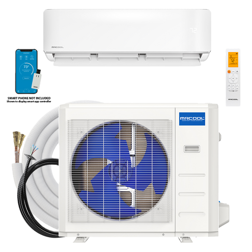 MRCOOL DIY 5th Gen system with the 24,000 and 36,000 BTU condenser cabinet, wall air handler, coiled Quick Connect line set and remote