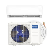 MRCOOL DIY Easy Pro 5th Gen wall air handler above its condenser with a coiled Quick Connect line set