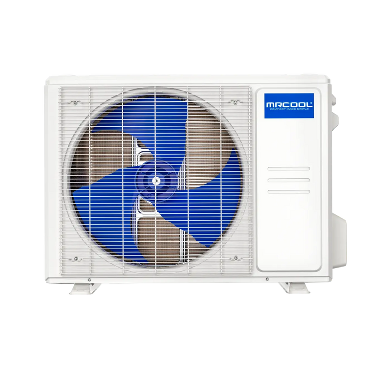 MRCOOL DIY Easy Pro 5th Gen outdoor condenser, front view with fan grille and MRCOOL badge