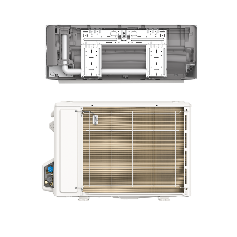 Rear of the DIY Easy Pro air handler with its mounting plate, above the rear coil of the condenser