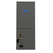 MRCOOL DIY Hybrid air handler, front view of the gray cabinet with line connections at the lower left