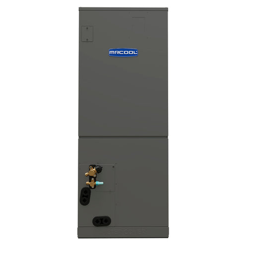 MRCOOL DIY Hybrid air handler, front view of the gray cabinet with line connections at the lower left