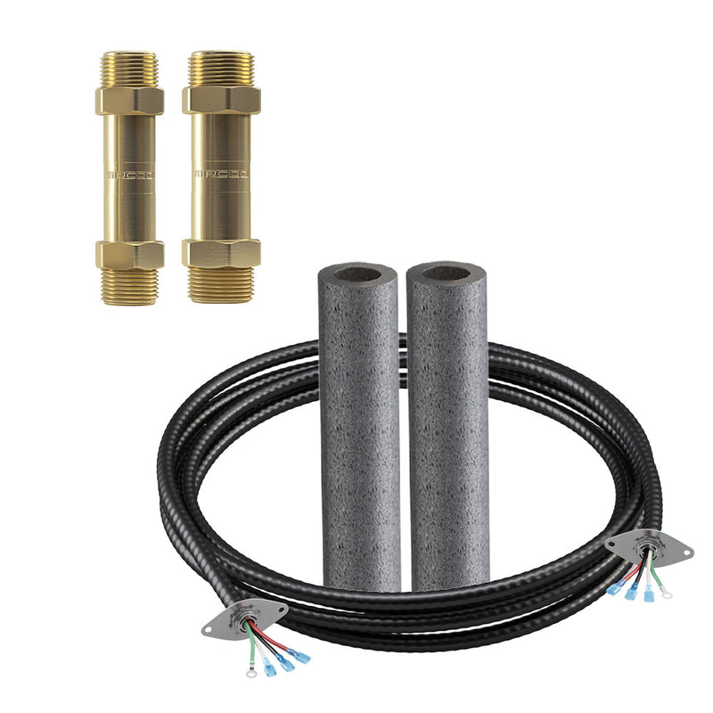 MRCOOL DIY coupler kit with two brass-colored couplers, coiled DIYPro armored cable and two foam insulation sleeves