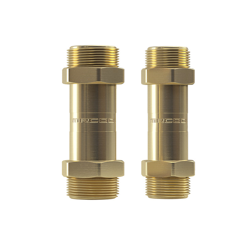 Pair of brass-colored MRCOOL DIY Quick Connect couplers standing side by side