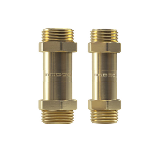 Pair of brass-colored MRCOOL DIY Quick Connect couplers standing side by side