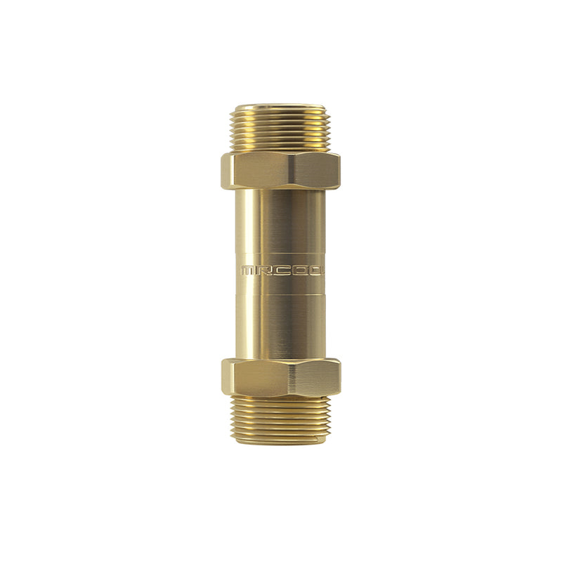 Single brass-colored MRCOOL DIY coupler, threaded at both ends