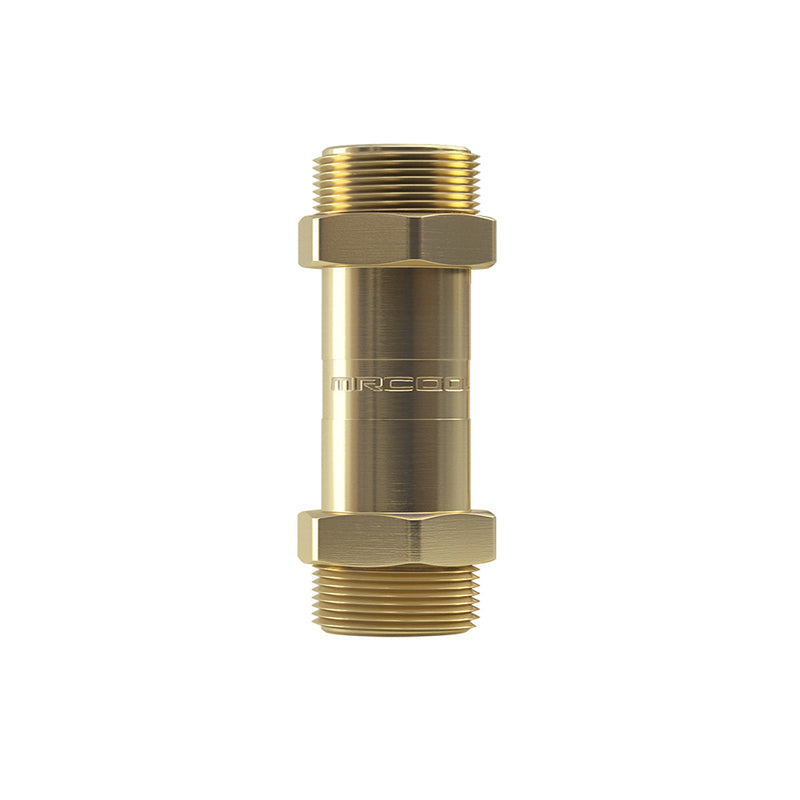 Brass-colored MRCOOL DIY coupler for the 3/8" x 5/8" kit