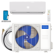 MRCOOL DIY Select condenser with white wall air handler, coiled Quick Connect line set, remote and app screen