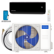 MRCOOL DIY Select condenser with black wall air handler, coiled Quick Connect line set, remote and app screen