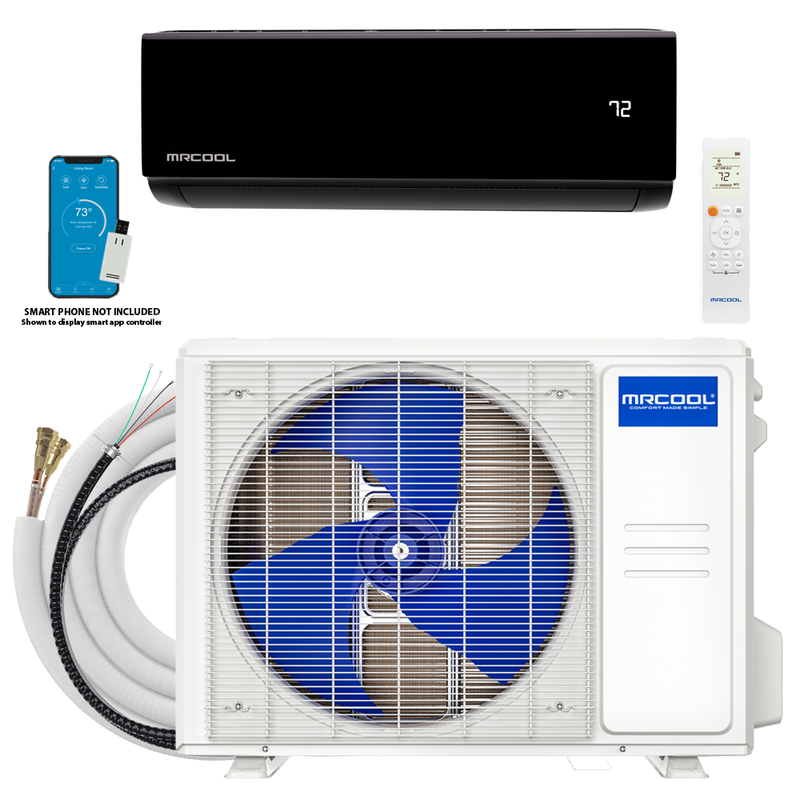 MRCOOL DIY Select condenser with black wall air handler, coiled Quick Connect line set, remote and app screen