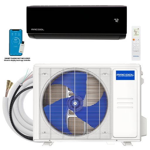 MRCOOL DIY Select condenser with black wall air handler, coiled Quick Connect line set, remote and app screen